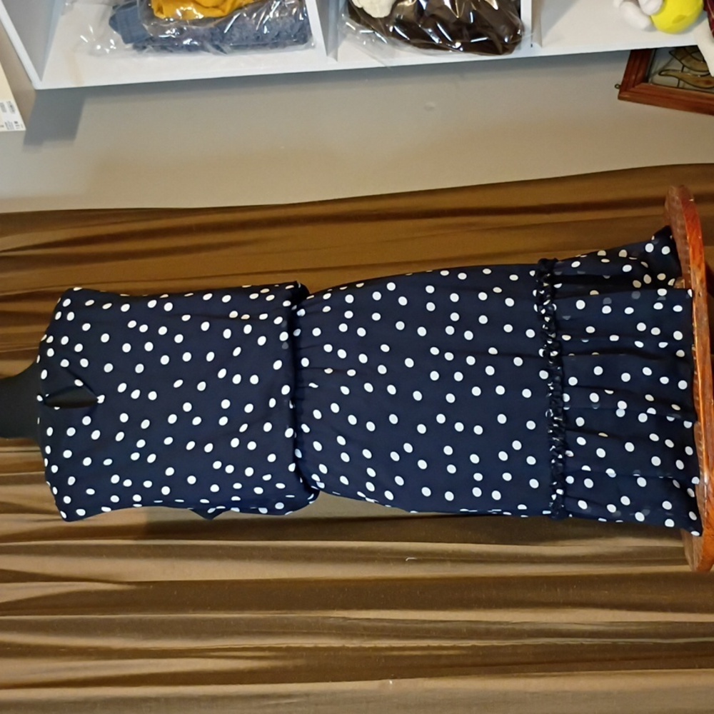 dressbarn Flapper Style Waist Navy Polka Dot Midi Dress - Picture 7 of 12